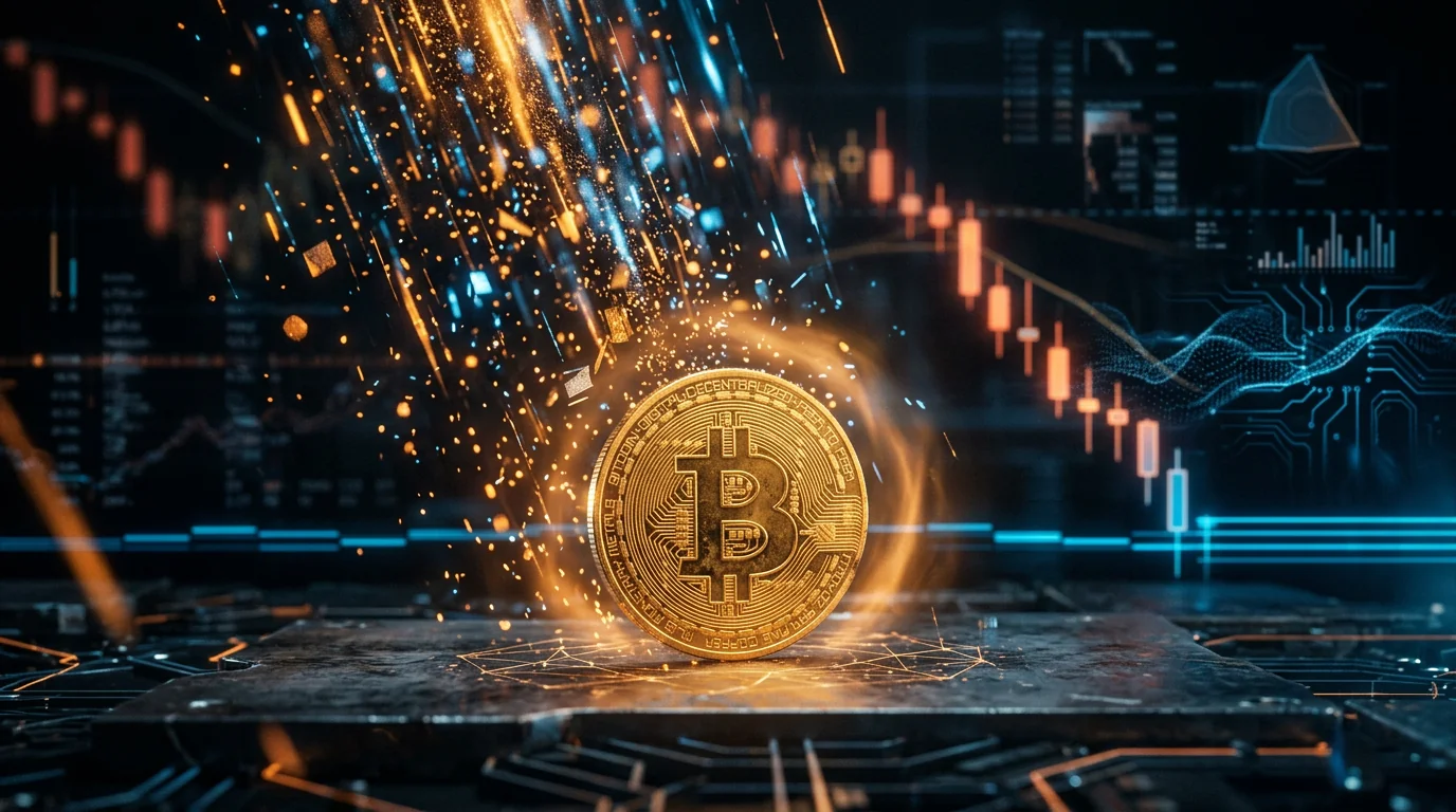 Una moneda de Bitcoin dorada bajo una lluvia de partículas de luz que se calma cerca de la moneda, con un gráfico de velas japonesas descendente de fondo