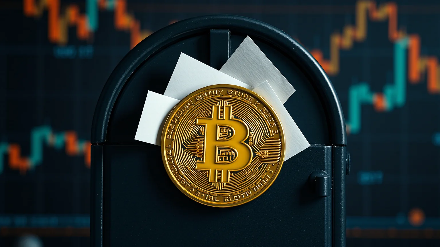 Un buzón metálico cerrado con una única ranura y una moneda de Bitcoin dorada en el frontal, con varias cartas de distintos tamaños entrando en silencio, sobre un fondo oscuro con ondas desenfocadas en naranja y azul