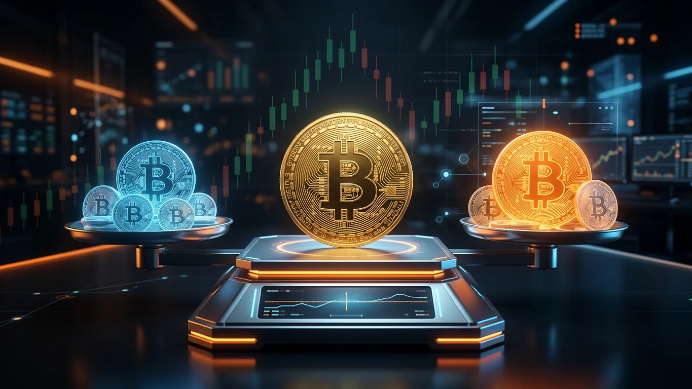 Una moneda de Bitcoin dorada en el centro de una balanza digital iluminada, con monedas de bitcoin de distinto tamaño en tonos azules a un lado y en tonos naranjas al otro, sobre un fondo oscuro con gráficos de velas japonesas