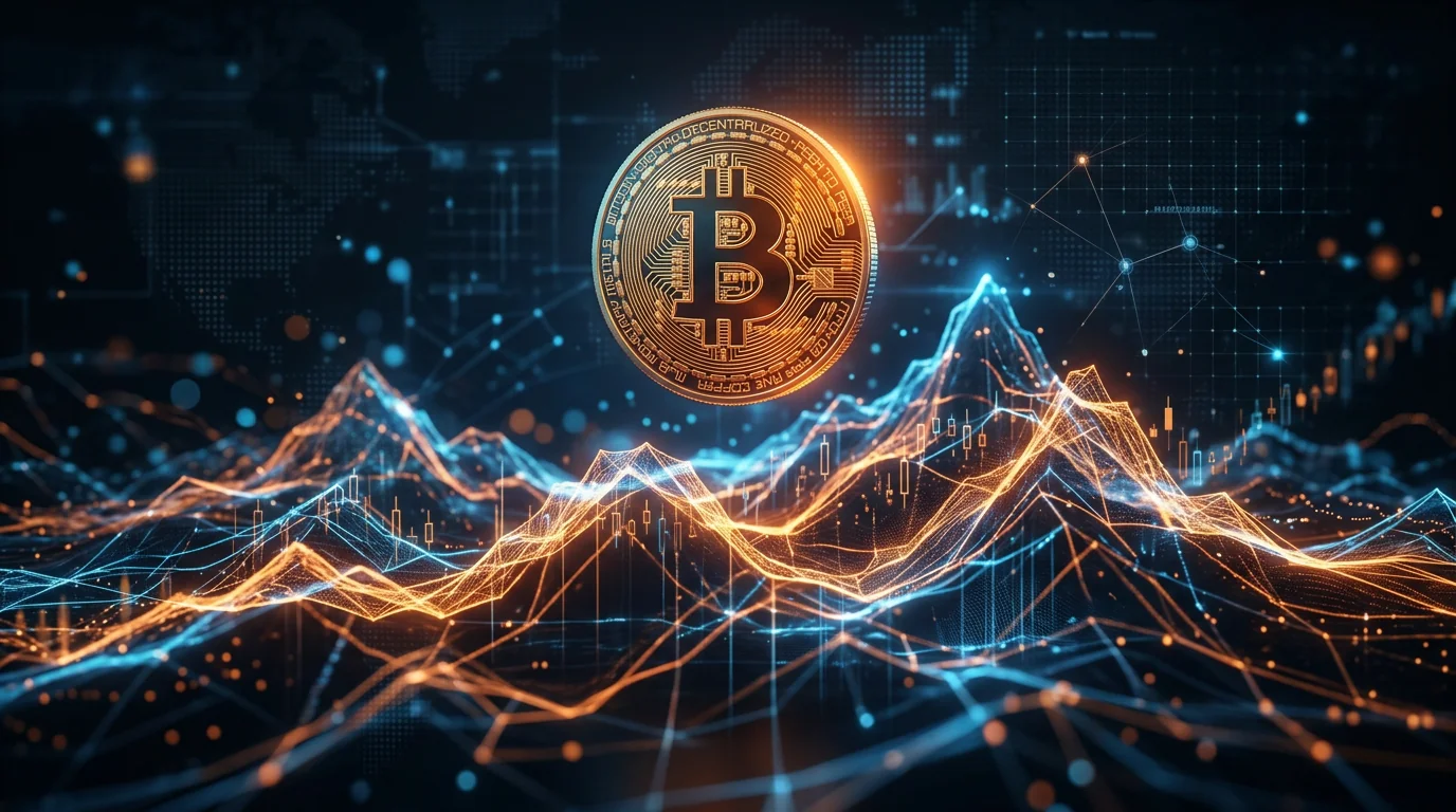 Una moneda de Bitcoin dorada flotando sobre una cordillera abstracta de luz que representa picos y valles, con velas japonesas de fondo en tonos naranja y azul