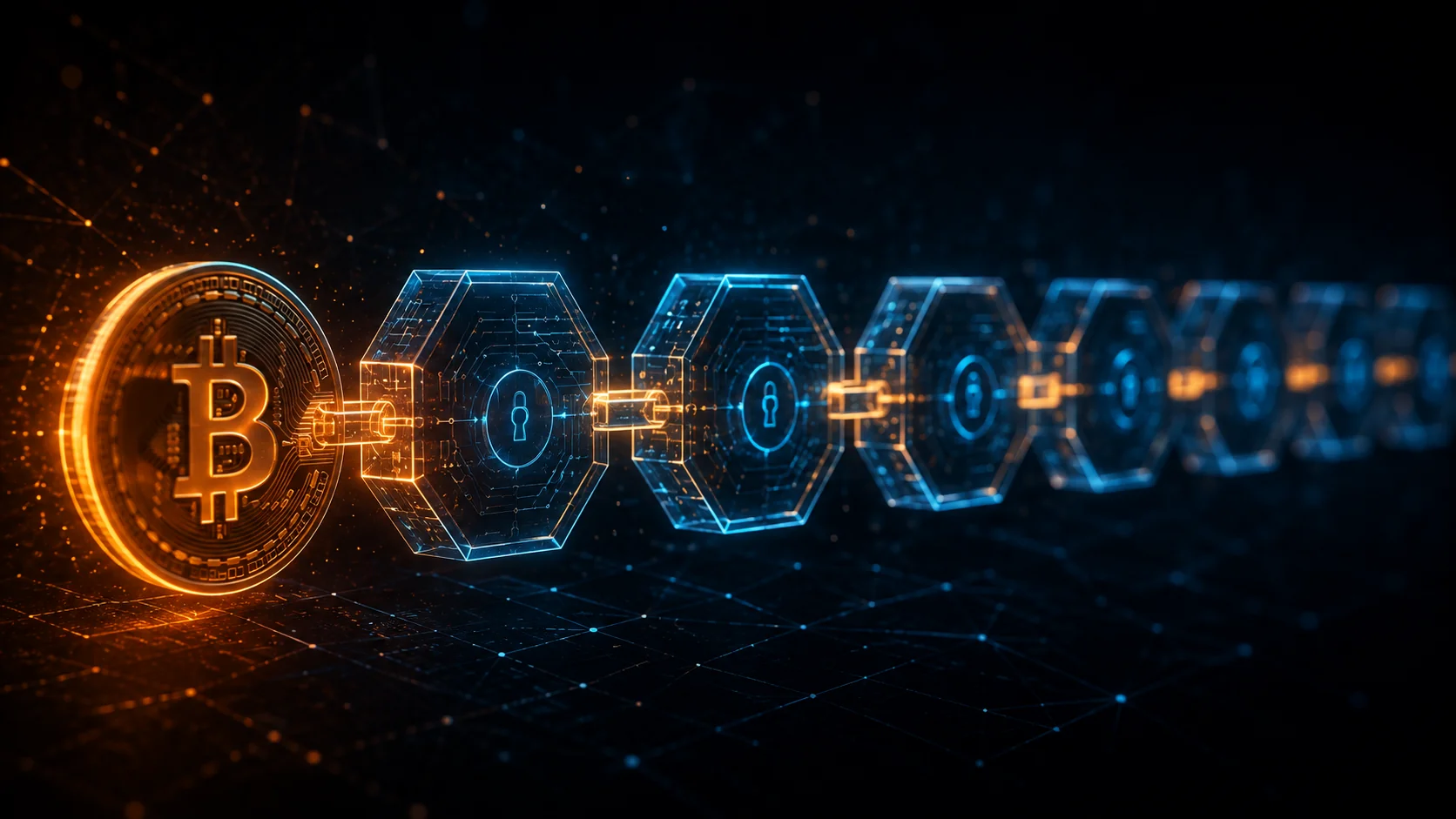 Una cadena de bloques hexagonales translúcidos con iconos de candado, conectados entre sí, que se extiende desde una moneda de Bitcoin dorada y brillante en un extremo hacia una oscuridad difuminada en el otro, sugiriendo una cadena ininterrumpida que se adentra en un futuro desconocido