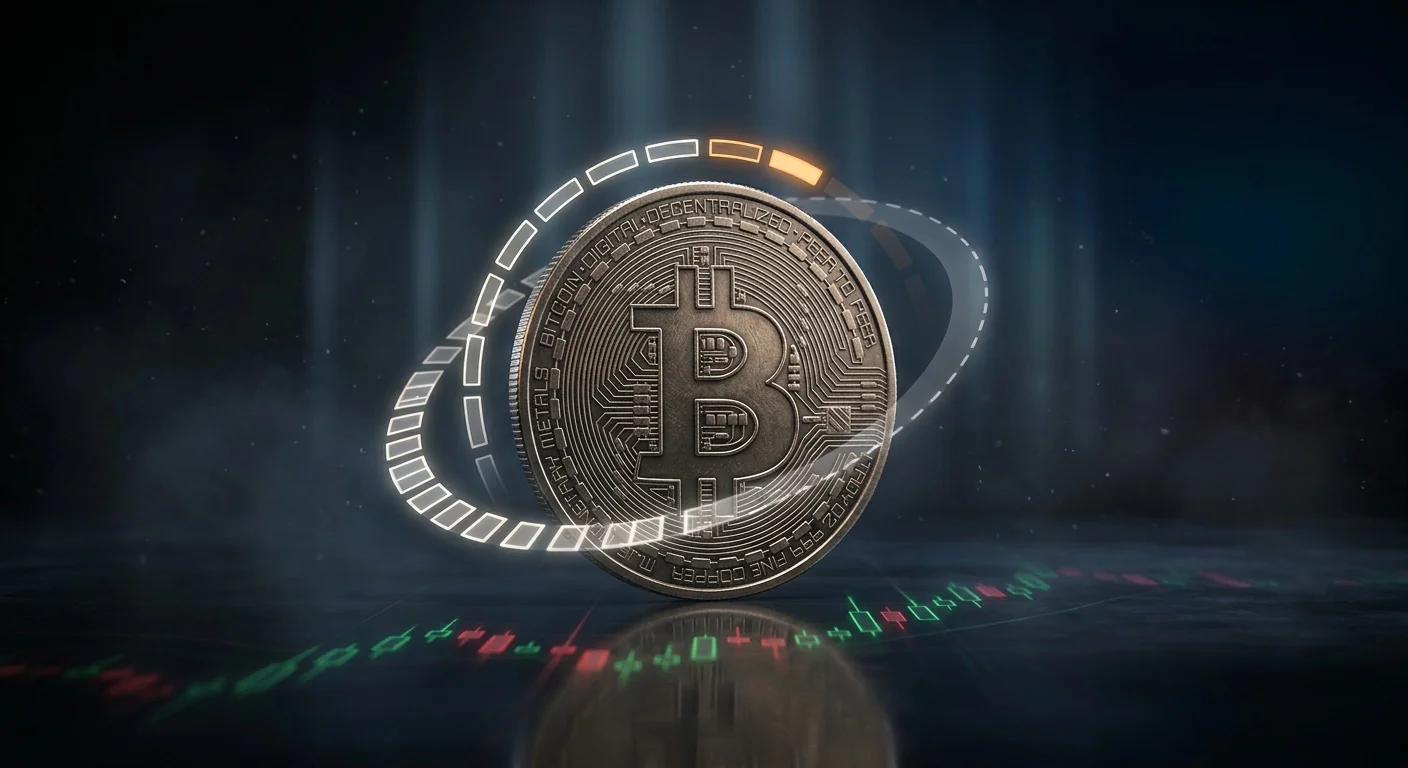 Moneda de Bitcoin fotorrealista rodeada por un anillo orbital de segmentos luminosos -- la mayoría en blanco neutro, uno en naranja como el punto activo actual, y el último como un arco discontinuo apagándose, sobre un fondo oscuro con velas japonesas reflejadas