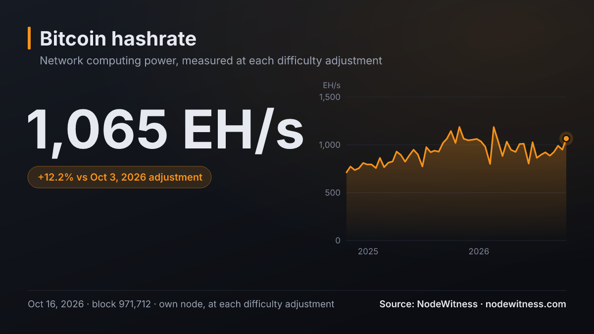 Bitcoin hashrate: 1,065 EH/s at the latest difficulty adjustment (block 971,712, Oct 16, 2026).