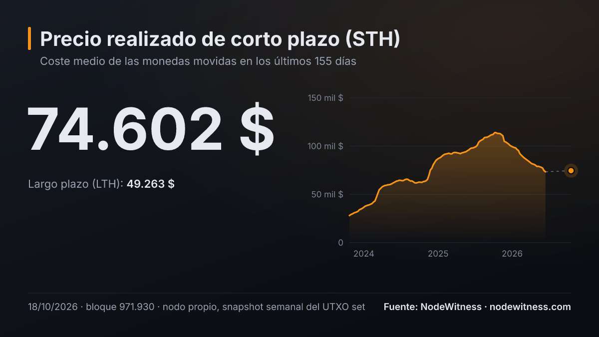 Precio realizado de corto plazo (STH) de bitcoin: 74.602 $ (snapshot del UTXO set del 18/10/2026, bloque 971.930).