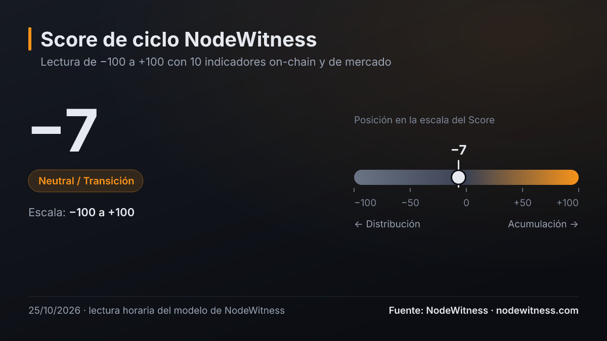 Score de ciclo NodeWitness: −7 en una escala de −100 a +100, fase Neutral / Transición (25/10/2026).